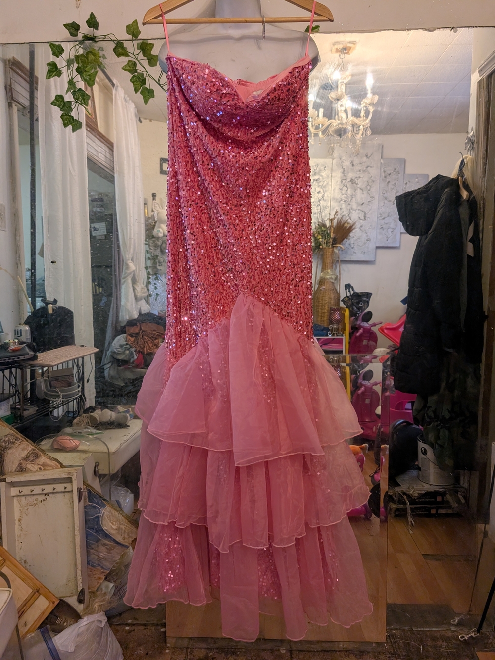 Strapless Pink Sequin Tiered Ruffle Gown